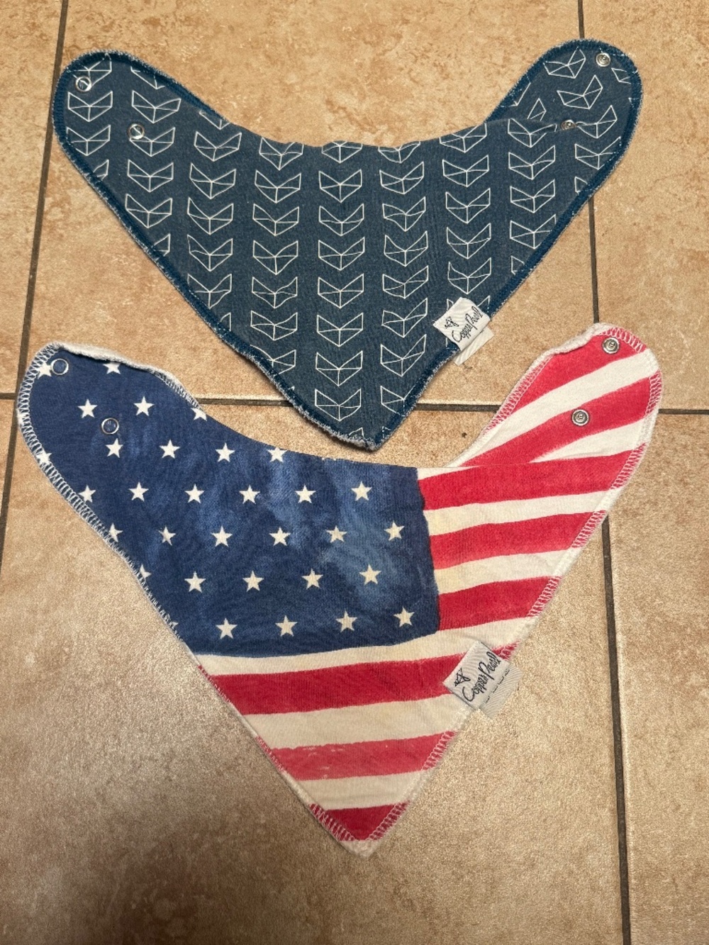 Copper Pearl Baby Bibs 2-Pack – Patriotic American Flag & Navy Geometric